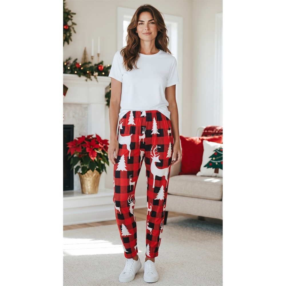 Kids Red Buffalo Plaid Christmas Reindeer Pajama Pants Joggers Size 10-11Y